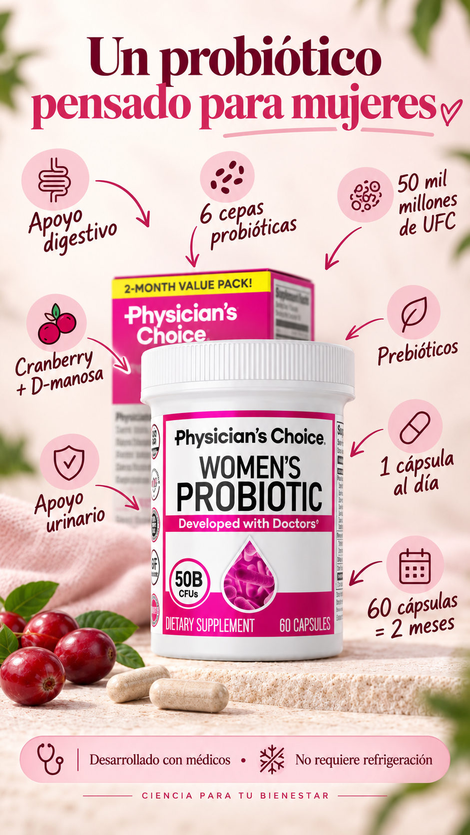 Probiótico para Mujeres Physician’s Choice – 2 Meses de Bienestar Digestivo